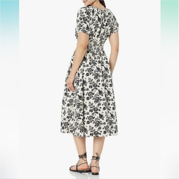 Cream Black Dark Cottage Floral Midi Cute Flirty Dress Size Large NWT - Picture 2 of 9